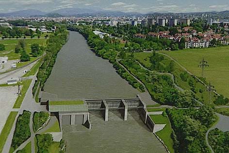 Plakatausschnitt: Entwurf des Murkraftwerks Graz-Puntigam