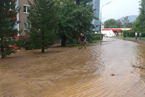 Überschwemmte Siedlung im Bezirk Bruck an der Mur