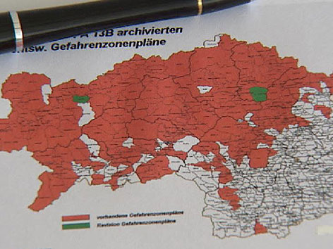 Steiermarklandkarte, Obersteiermark ist rot eingefärbt, da Gefahrenzone Wildbach