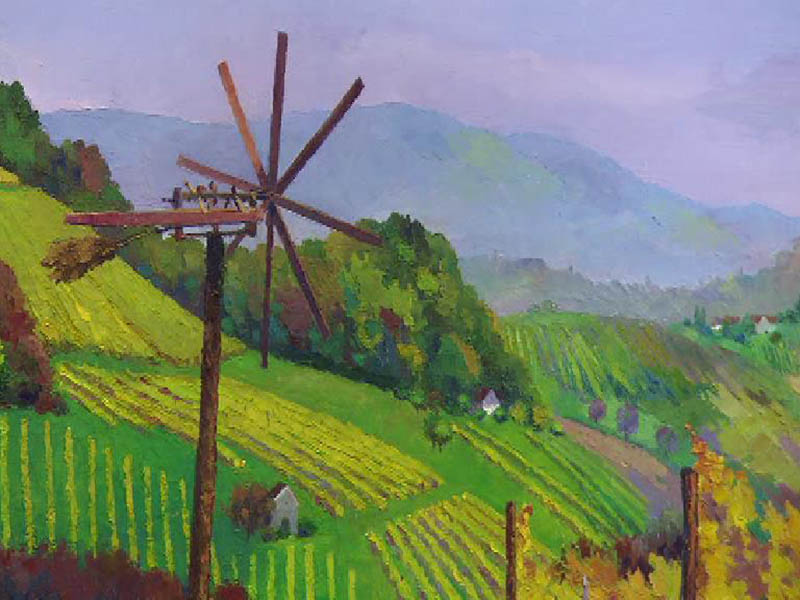 Der  Klapotetz in den Sulztaler Weingärten ist in der Ausstellung "Jahres-Zeiten" von August Trummer  bis  zum sechsten September in der Hofgalerie im Grazer Steiermark zu sehen.